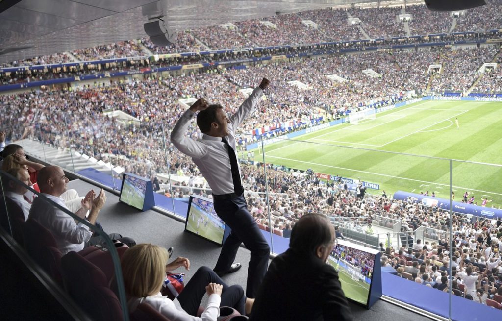 Excited French President Macron at FIFA World Cup 2018 in Russia
